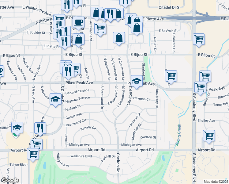 map of restaurants, bars, coffee shops, grocery stores, and more near 11 South Dunsmere Street in Colorado Springs