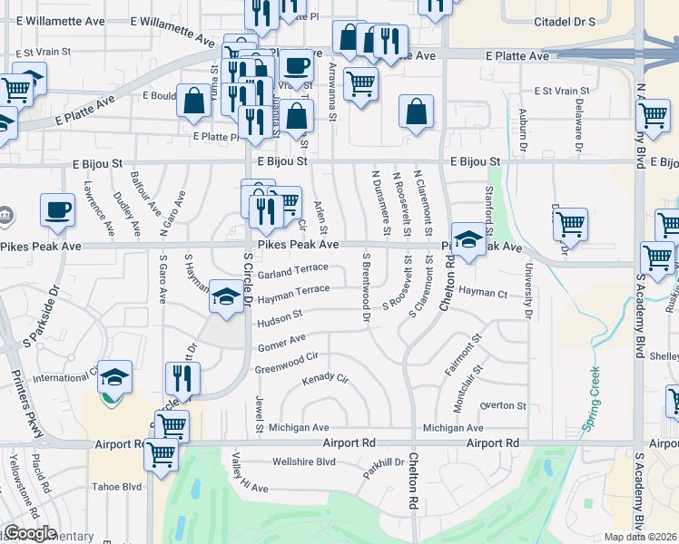 map of restaurants, bars, coffee shops, grocery stores, and more near 3008 Garland Terrace in Colorado Springs