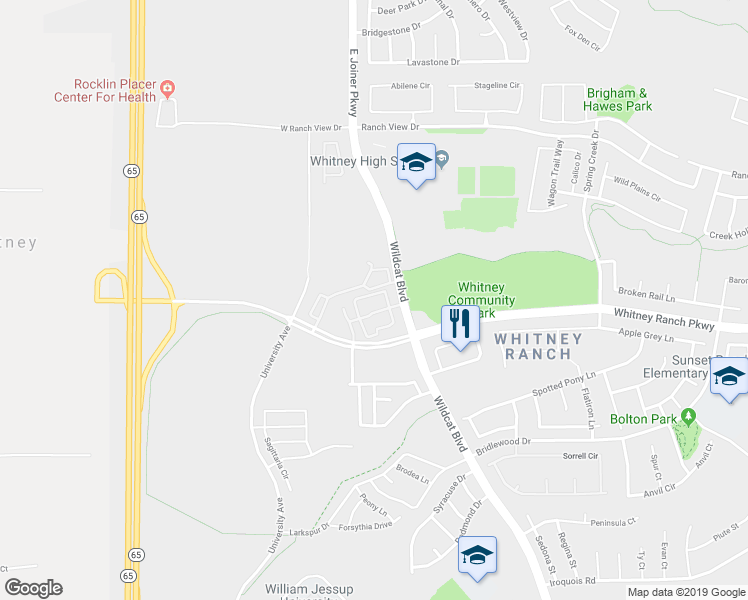 map of restaurants, bars, coffee shops, grocery stores, and more near 1140 Whitney Ranch Parkway in Rocklin