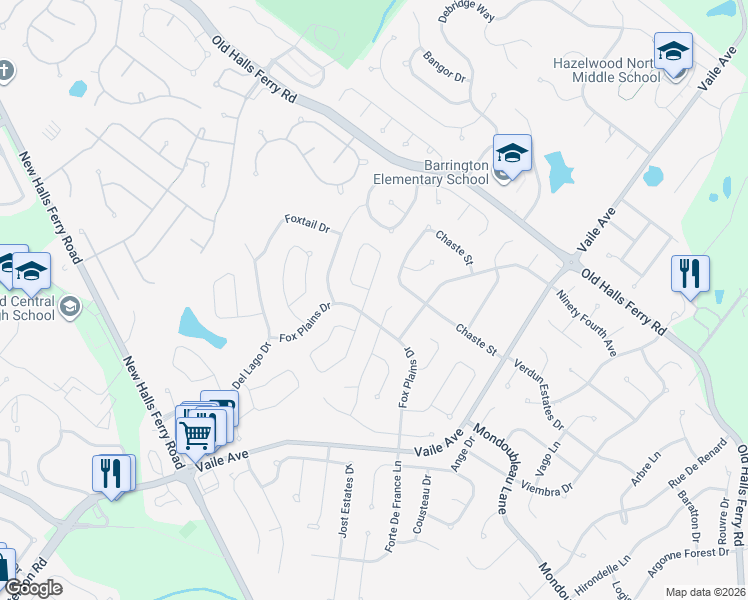 map of restaurants, bars, coffee shops, grocery stores, and more near 4114 Bugle Bend Drive in Florissant