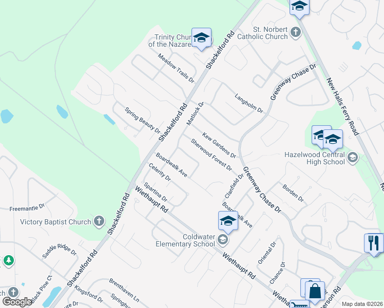 map of restaurants, bars, coffee shops, grocery stores, and more near 1677 Ventnor Place in Florissant