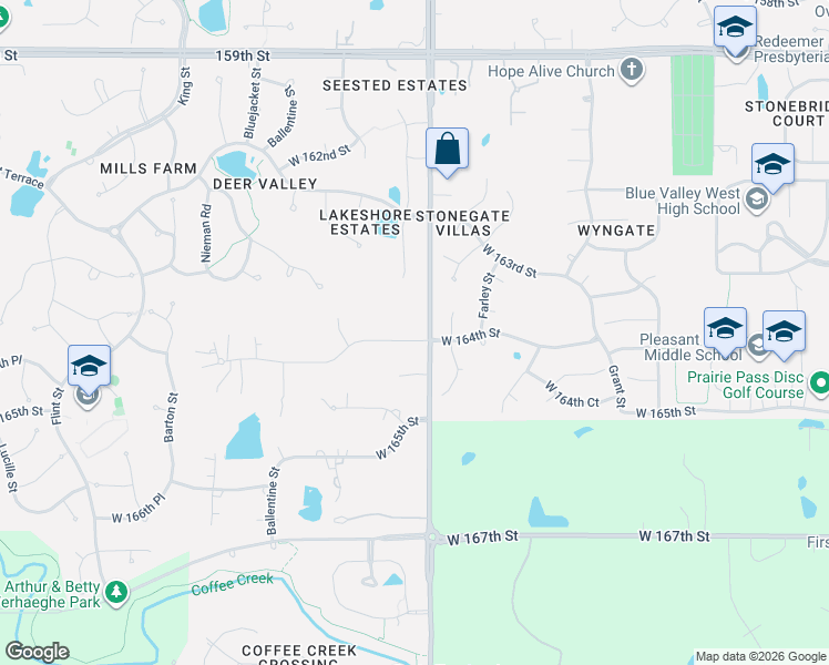 map of restaurants, bars, coffee shops, grocery stores, and more near 10300 West 164th Street in Overland Park