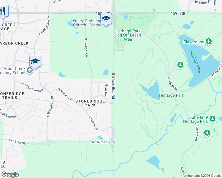 map of restaurants, bars, coffee shops, grocery stores, and more near 16340 South Lackman Road in Olathe