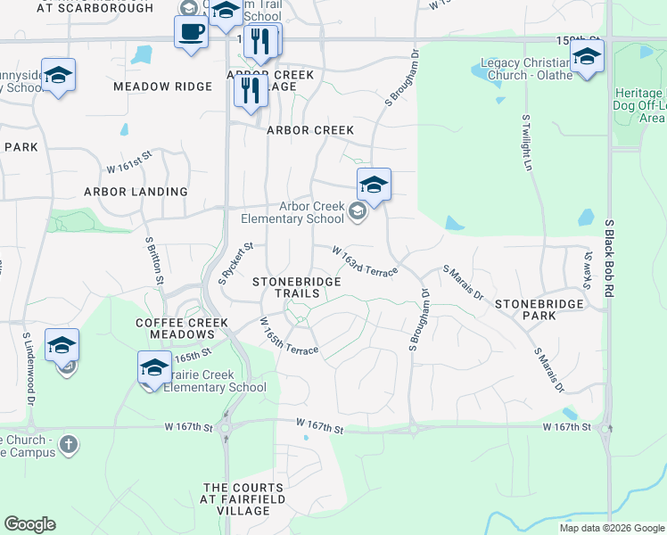 map of restaurants, bars, coffee shops, grocery stores, and more near 16291 West 163rd Terrace in Olathe