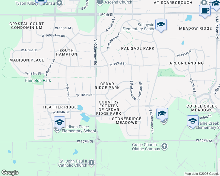 map of restaurants, bars, coffee shops, grocery stores, and more near 18215 West 163rd Terrace in Olathe