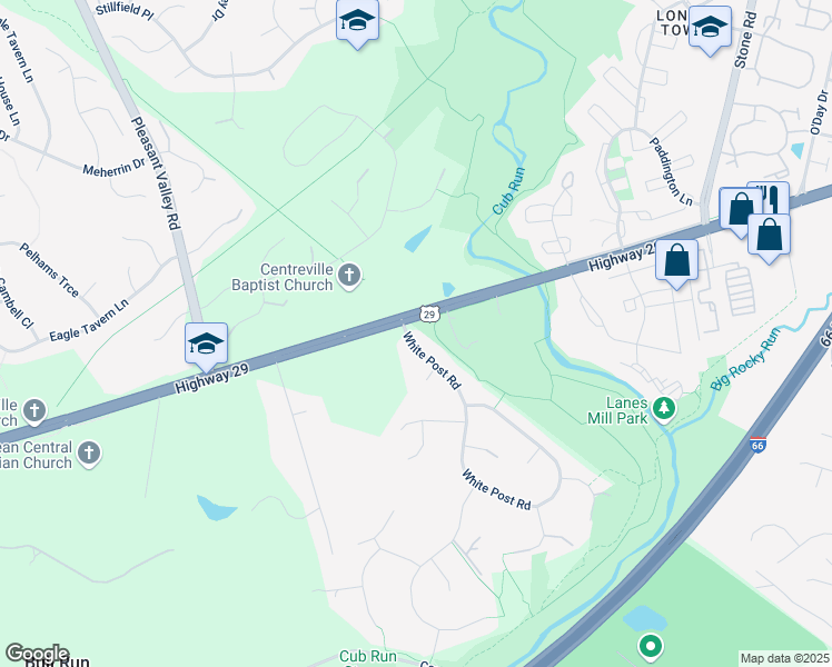 map of restaurants, bars, coffee shops, grocery stores, and more near 6501 White Post Road in Centreville