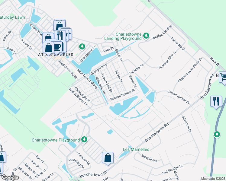 map of restaurants, bars, coffee shops, grocery stores, and more near 3437 Woolen Mill Street in Saint Charles