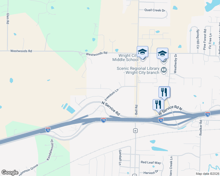 map of restaurants, bars, coffee shops, grocery stores, and more near 402 Fredricksburg Way in Wright City