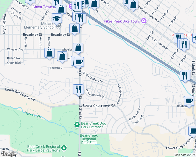 map of restaurants, bars, coffee shops, grocery stores, and more near 1570 Gold Hill Mesa Drive in Colorado Springs