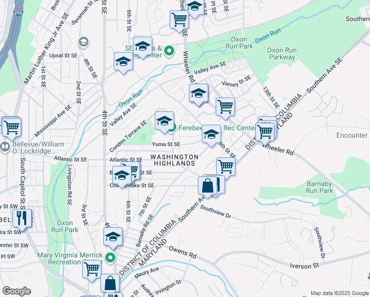 map of restaurants, bars, coffee shops, grocery stores, and more near 821 Yuma Street Southeast in Washington