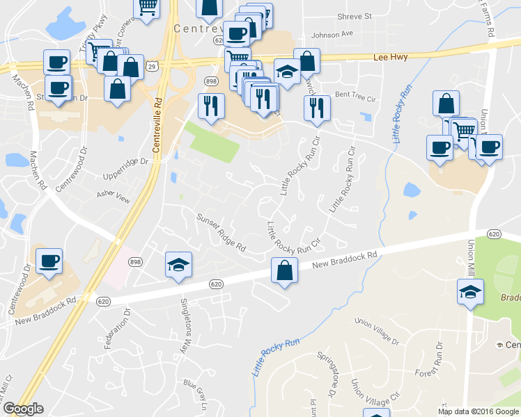 map of restaurants, bars, coffee shops, grocery stores, and more near 6031 Rockton Court in Centreville