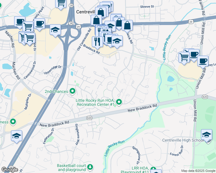 map of restaurants, bars, coffee shops, grocery stores, and more near 6031 Rockton Court in Centreville