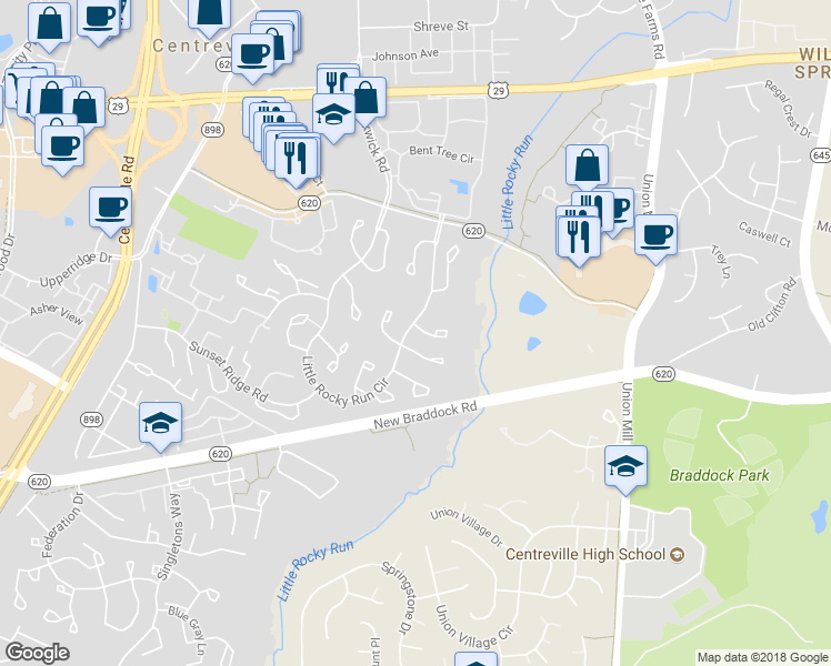 map of restaurants, bars, coffee shops, grocery stores, and more near 13657 Forest Pond Court in Centreville
