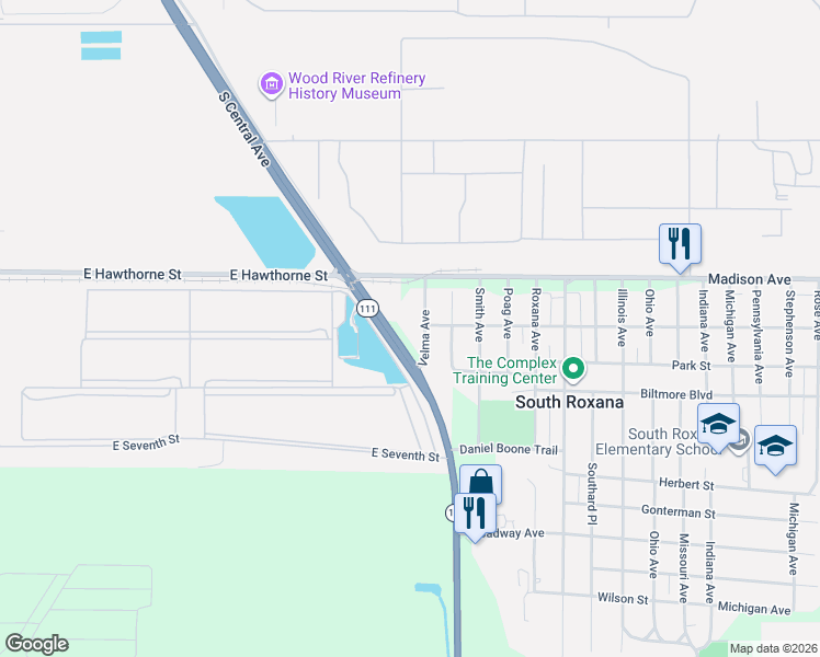 map of restaurants, bars, coffee shops, grocery stores, and more near 109 Velma Avenue in South Roxana