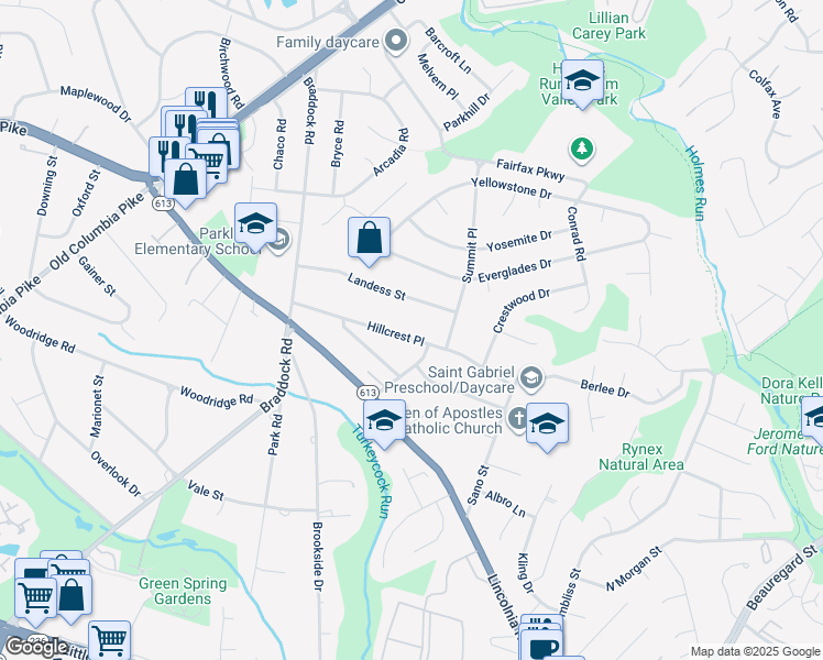 map of restaurants, bars, coffee shops, grocery stores, and more near 6334 Hillcrest Place in Alexandria