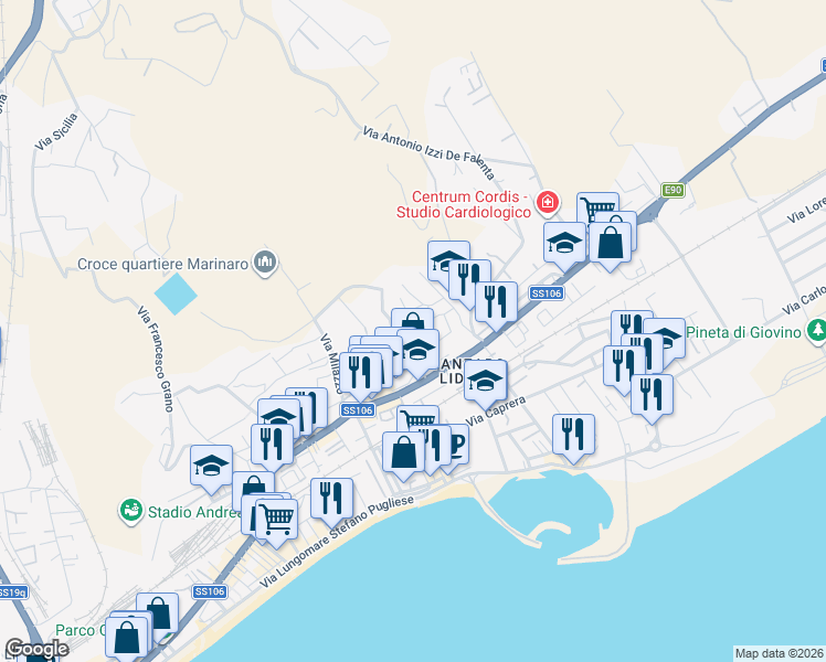map of restaurants, bars, coffee shops, grocery stores, and more near 7 Via Nino Gemelli in Catanzaro
