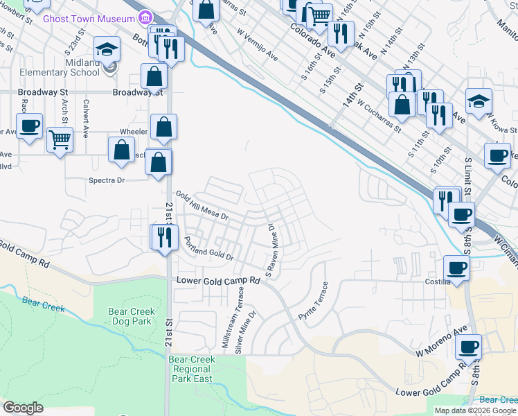 map of restaurants, bars, coffee shops, grocery stores, and more near 1336 Solitaire Street in Colorado Springs