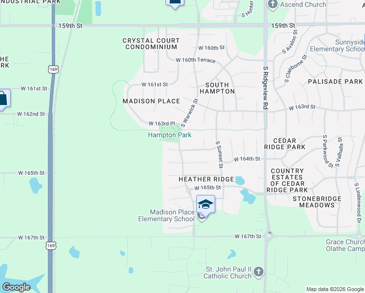 map of restaurants, bars, coffee shops, grocery stores, and more near 18967 West 163rd Circle in Olathe