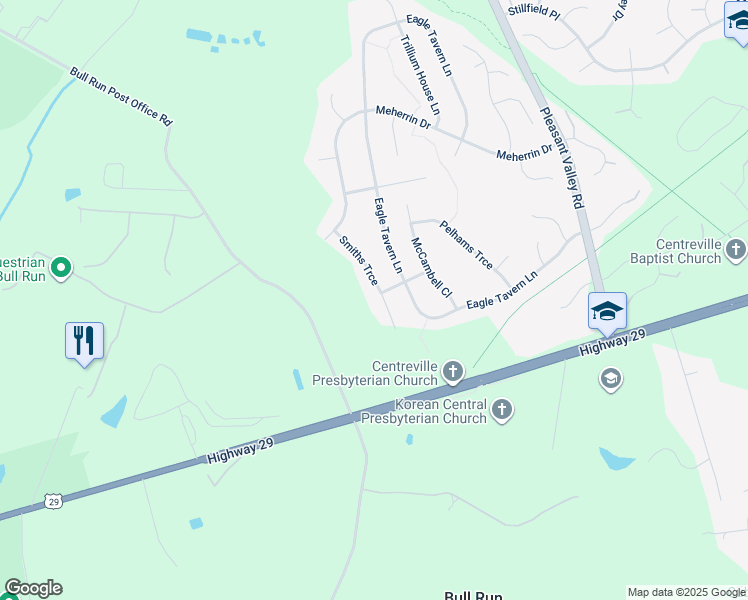 map of restaurants, bars, coffee shops, grocery stores, and more near 6616 Smiths Trce in Centreville