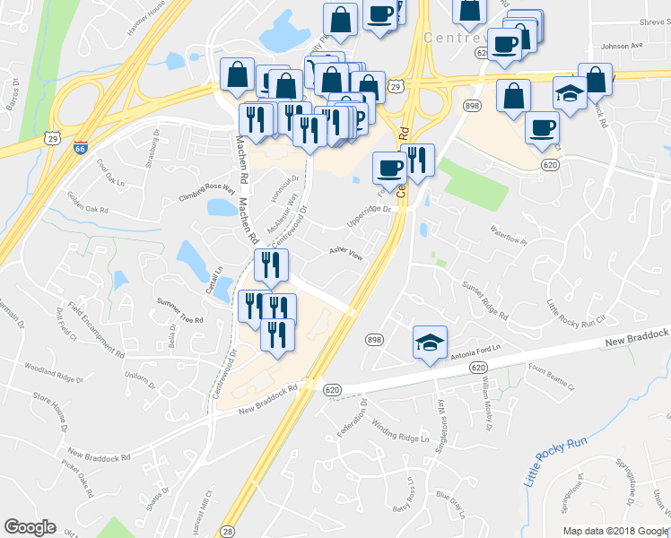 map of restaurants, bars, coffee shops, grocery stores, and more near 6126 Kendra Way in Centreville