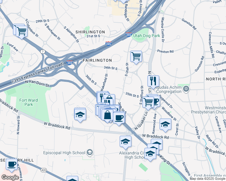 map of restaurants, bars, coffee shops, grocery stores, and more near 4437 36th Street South in Arlington