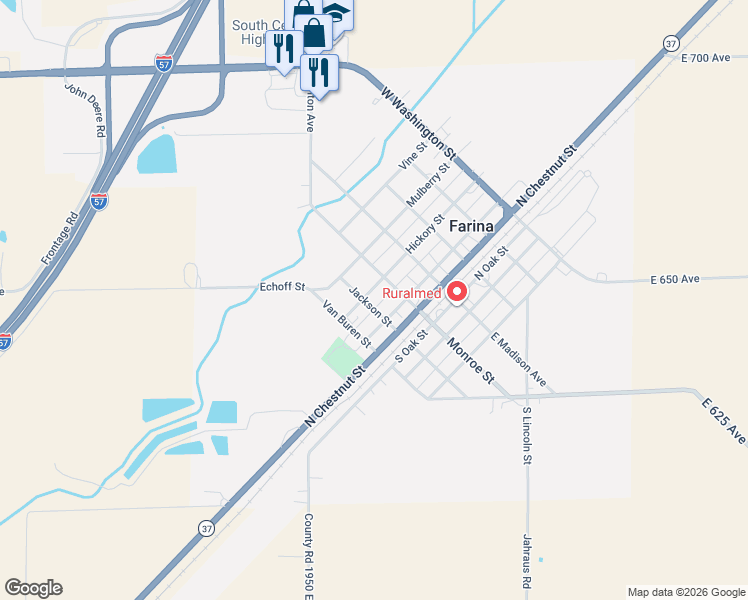 map of restaurants, bars, coffee shops, grocery stores, and more near 311 West Monroe Avenue in Farina