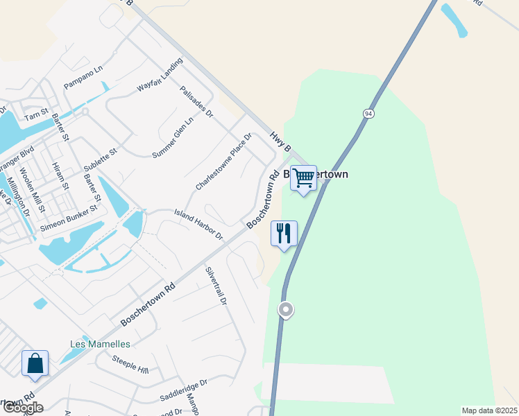 map of restaurants, bars, coffee shops, grocery stores, and more near 215 Charlestowne Place Drive in Saint Charles