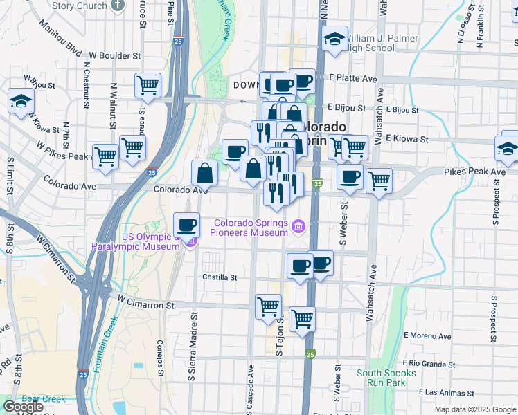 map of restaurants, bars, coffee shops, grocery stores, and more near 111 South Cascade Avenue in Colorado Springs