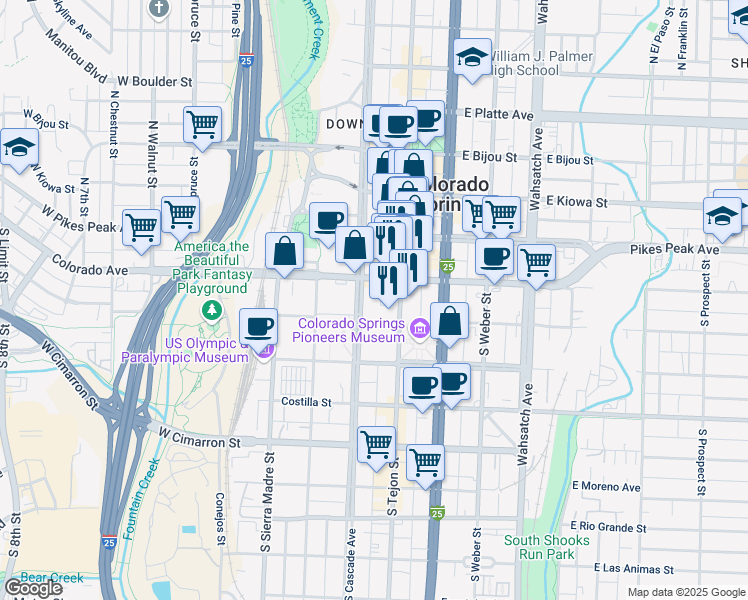 map of restaurants, bars, coffee shops, grocery stores, and more near 102 South Tejon Street in Colorado Springs