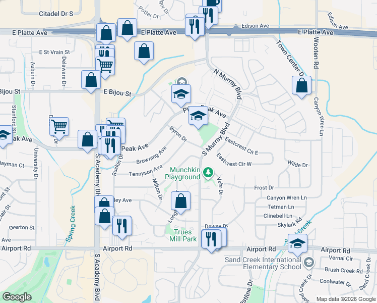 map of restaurants, bars, coffee shops, grocery stores, and more near 208 Byron Drive in Colorado Springs