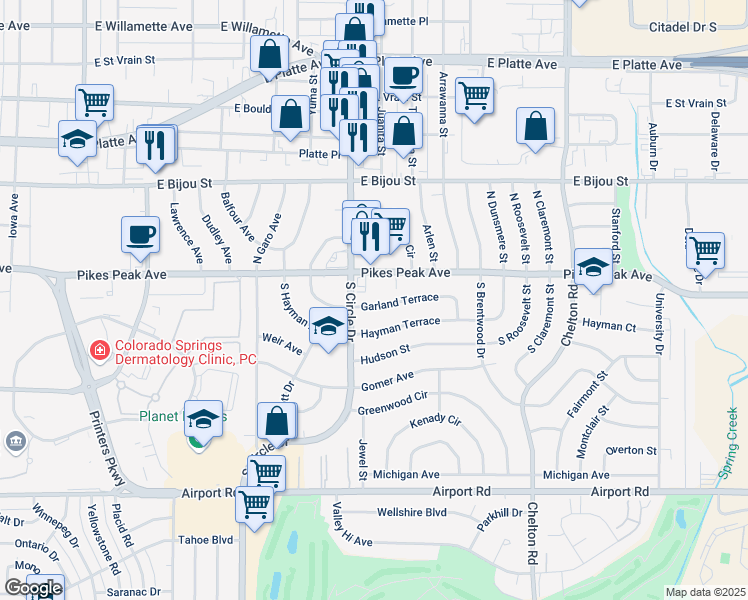 map of restaurants, bars, coffee shops, grocery stores, and more near 2816 Garland Terrace in Colorado Springs