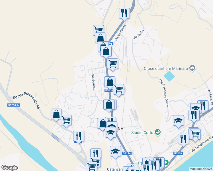 map of restaurants, bars, coffee shops, grocery stores, and more near 175 Viale Magna Grecia in Catanzaro