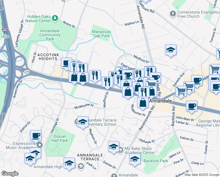 map of restaurants, bars, coffee shops, grocery stores, and more near Little River Turnpike & Medford Dr in Annandale