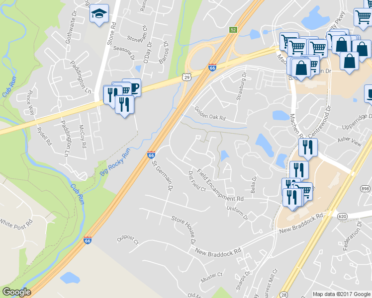 map of restaurants, bars, coffee shops, grocery stores, and more near 6354 Field Flower Trail in Centreville