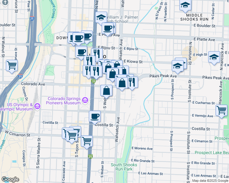 map of restaurants, bars, coffee shops, grocery stores, and more near 106 South Wahsatch Avenue in Colorado Springs