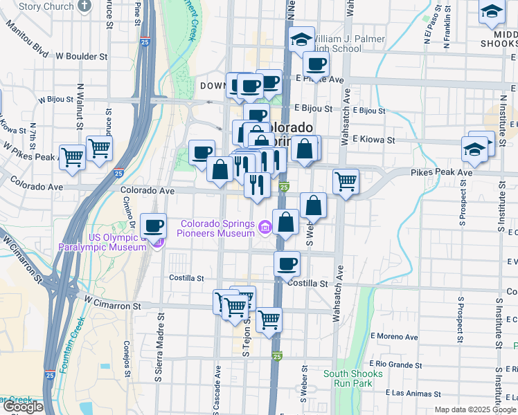 map of restaurants, bars, coffee shops, grocery stores, and more near 115 Colorado Avenue in Colorado Springs