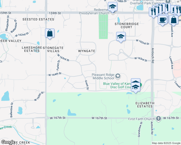 map of restaurants, bars, coffee shops, grocery stores, and more near 16445 Carter Street in Overland Park