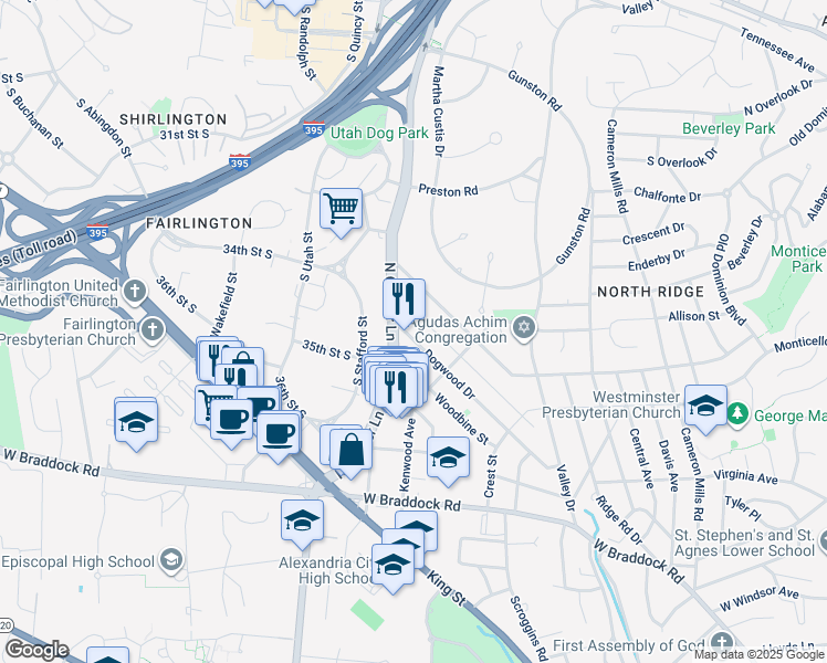 map of restaurants, bars, coffee shops, grocery stores, and more near 1737 Dogwood Drive in Alexandria