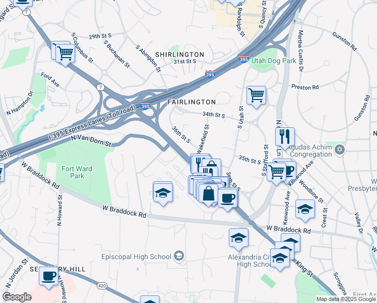 map of restaurants, bars, coffee shops, grocery stores, and more near 4614 36th Street South in Arlington