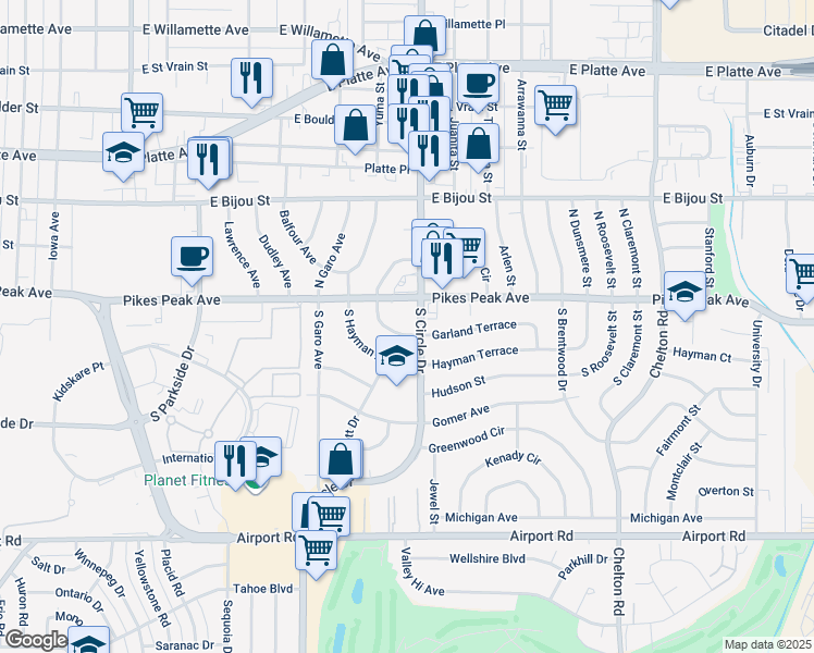 map of restaurants, bars, coffee shops, grocery stores, and more near 33 South Garland Avenue in Colorado Springs