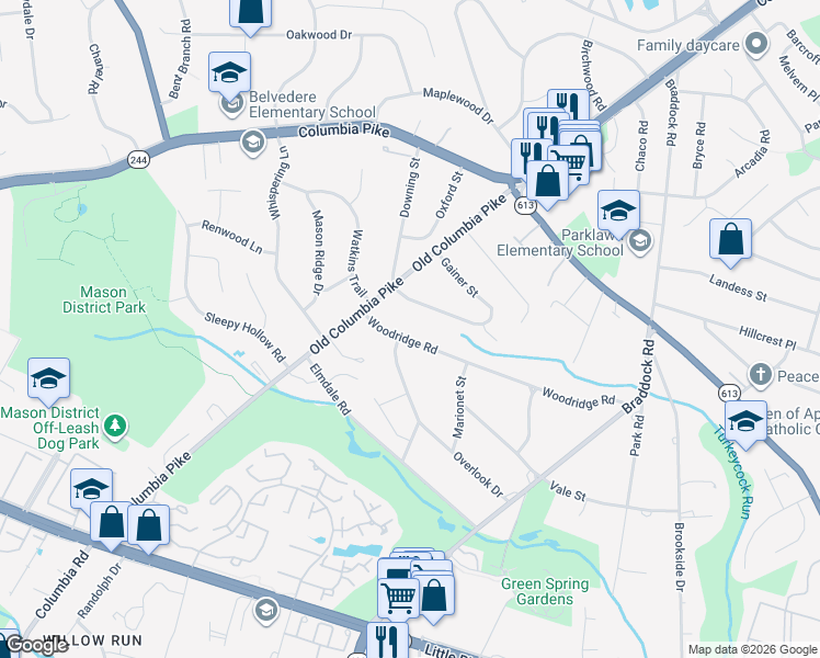 map of restaurants, bars, coffee shops, grocery stores, and more near 6470 Woodridge Rd in Alexandria