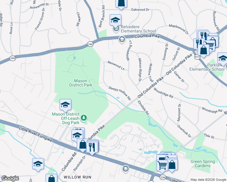 map of restaurants, bars, coffee shops, grocery stores, and more near 4212 Sleepy Hollow Road in Annandale