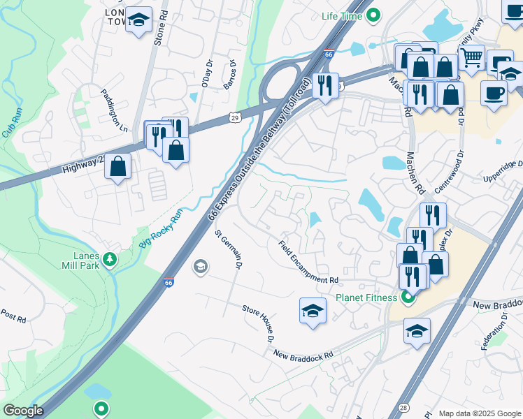 map of restaurants, bars, coffee shops, grocery stores, and more near 6354 Field Flower Trail in Centreville