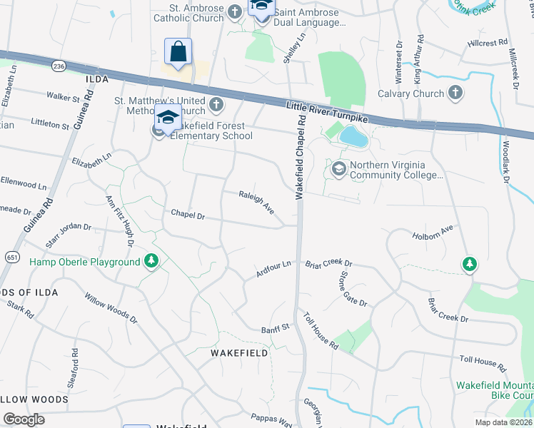 map of restaurants, bars, coffee shops, grocery stores, and more near 8509 Raleigh Avenue in Annandale