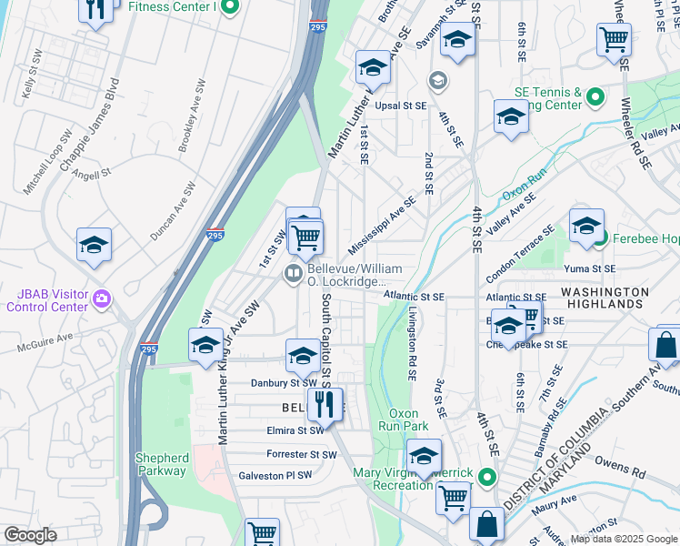map of restaurants, bars, coffee shops, grocery stores, and more near 17 Mississippi Avenue Southeast in Washington