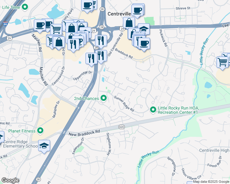 map of restaurants, bars, coffee shops, grocery stores, and more near 6014 Sunset Ridge Court in Centreville