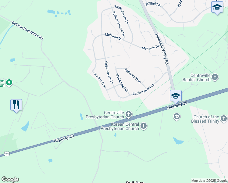 map of restaurants, bars, coffee shops, grocery stores, and more near 15439 Eagle Tavern Lane in Centreville