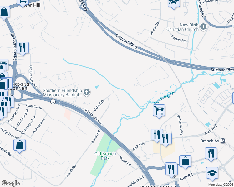 map of restaurants, bars, coffee shops, grocery stores, and more near 4602 Eaton Drive in Hillcrest Heights