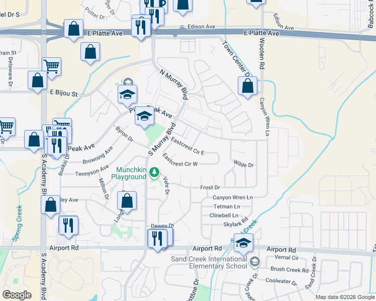 map of restaurants, bars, coffee shops, grocery stores, and more near 4467 Eastcrest Circle East in Colorado Springs