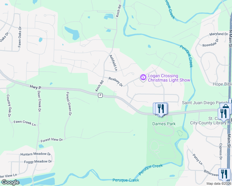 map of restaurants, bars, coffee shops, grocery stores, and more near 627 Highway P in O'Fallon